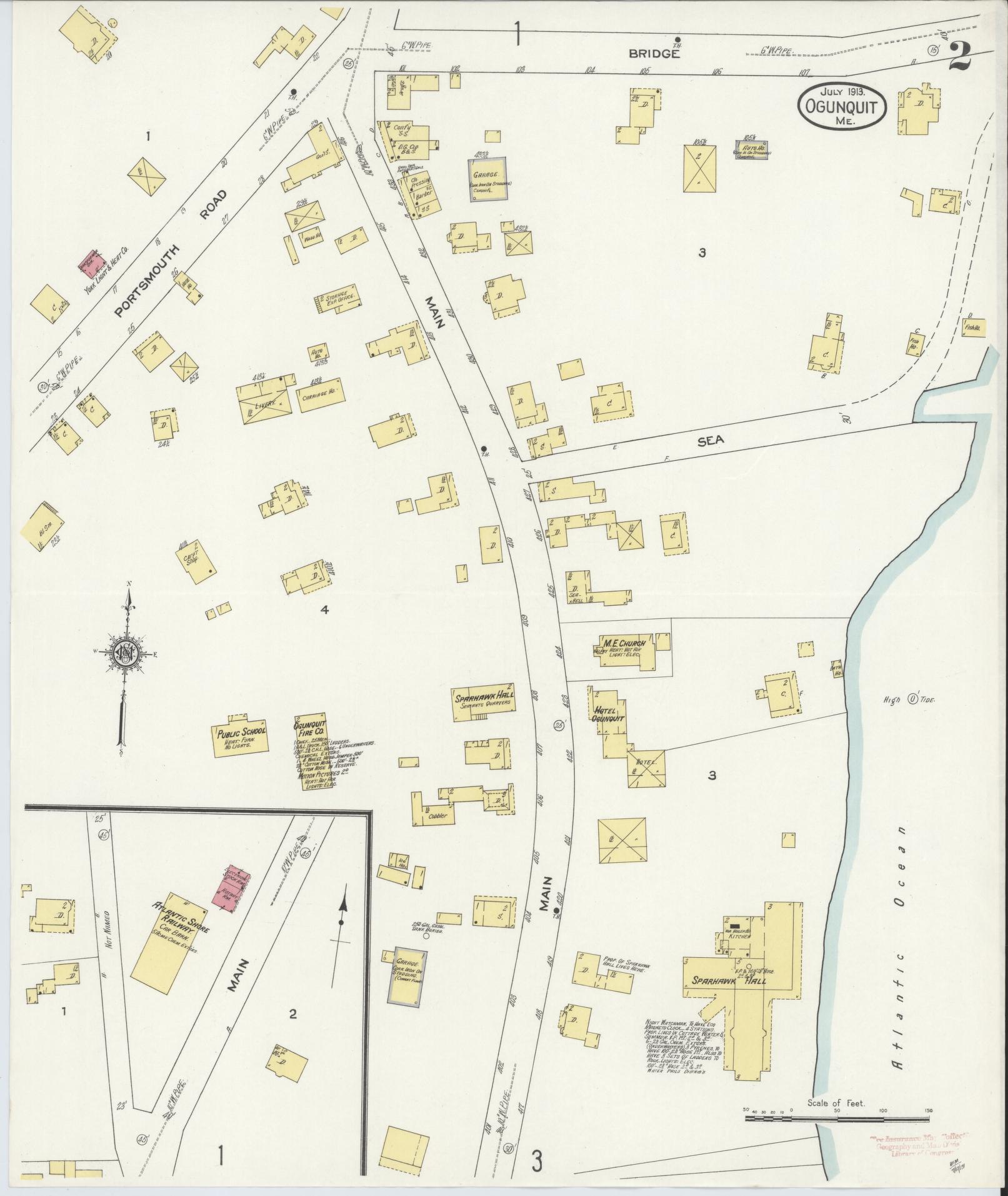 Sanborn Fire Insurance Map from Ogunquit, York County, Maine (1913), Sheet #0002 - Historic Sanborn Fire Insurance Map Print, vintage old map wall art, antique decor, genealogy gift, Maine Maine map