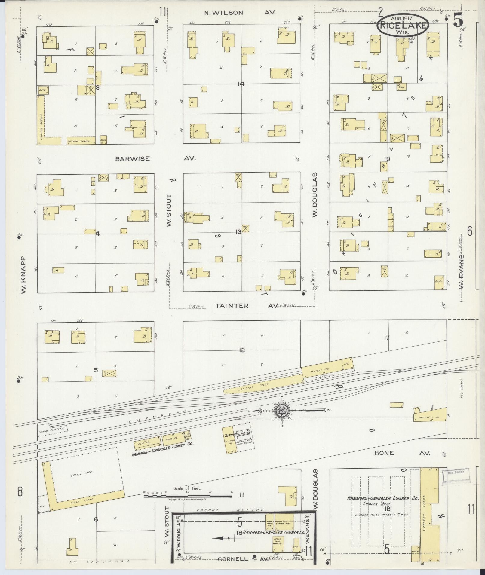 Sanborn Fire Insurance Map from Rice Lake, Barron County, Wisconsin (1917), Sheet #0005 - Historic Sanborn Fire Insurance Map Print, vintage old map wall art, antique decor, genealogy gift, Wisconsin Wisconsin map