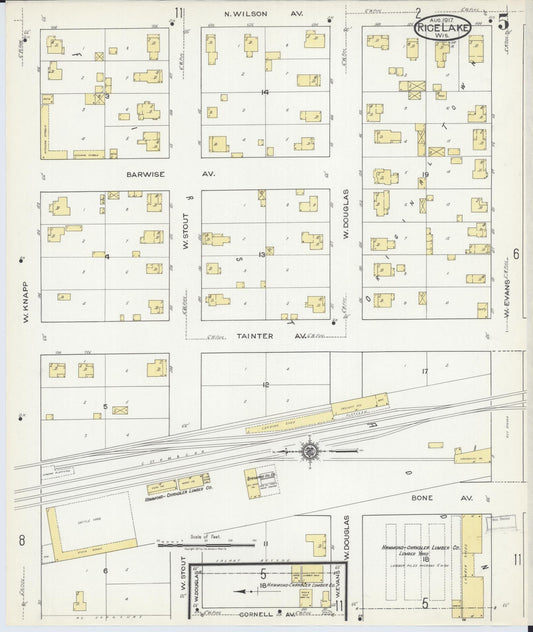 Sanborn Fire Insurance Map from Rice Lake, Barron County, Wisconsin (1917), Sheet #0005 - Historic Sanborn Fire Insurance Map Print, vintage old map wall art, antique decor, genealogy gift, Wisconsin Wisconsin map