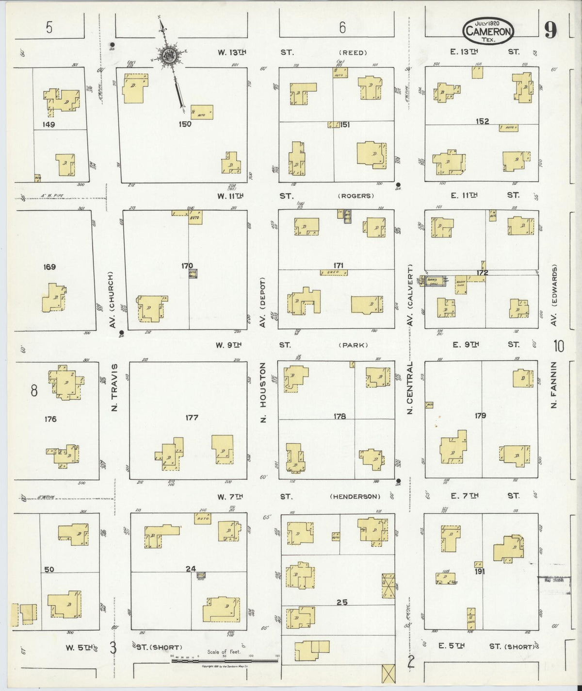Sanborn Fire Insurance Map from Cameron, Milam County, Texas (1920), Sheet #0009 - Complete Map Set gallery image, historic Sanborn map, vintage wall art, Texas Texas