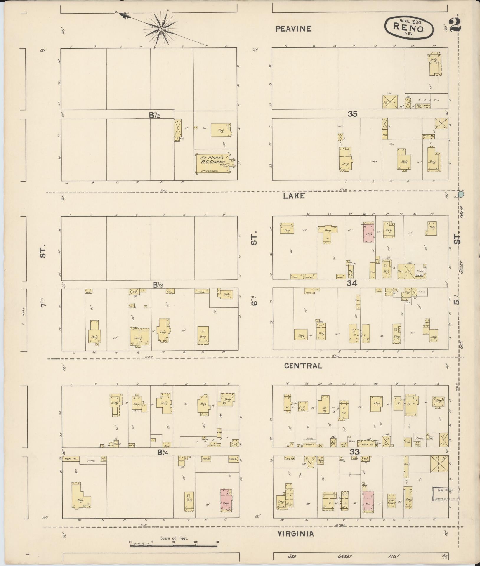 Sanborn Fire Insurance Map from Reno, Washoe County, Nevada (1890), Sheet #0002 - Historic Sanborn Fire Insurance Map Print, vintage old map wall art, antique decor, genealogy gift, Nevada Nevada map