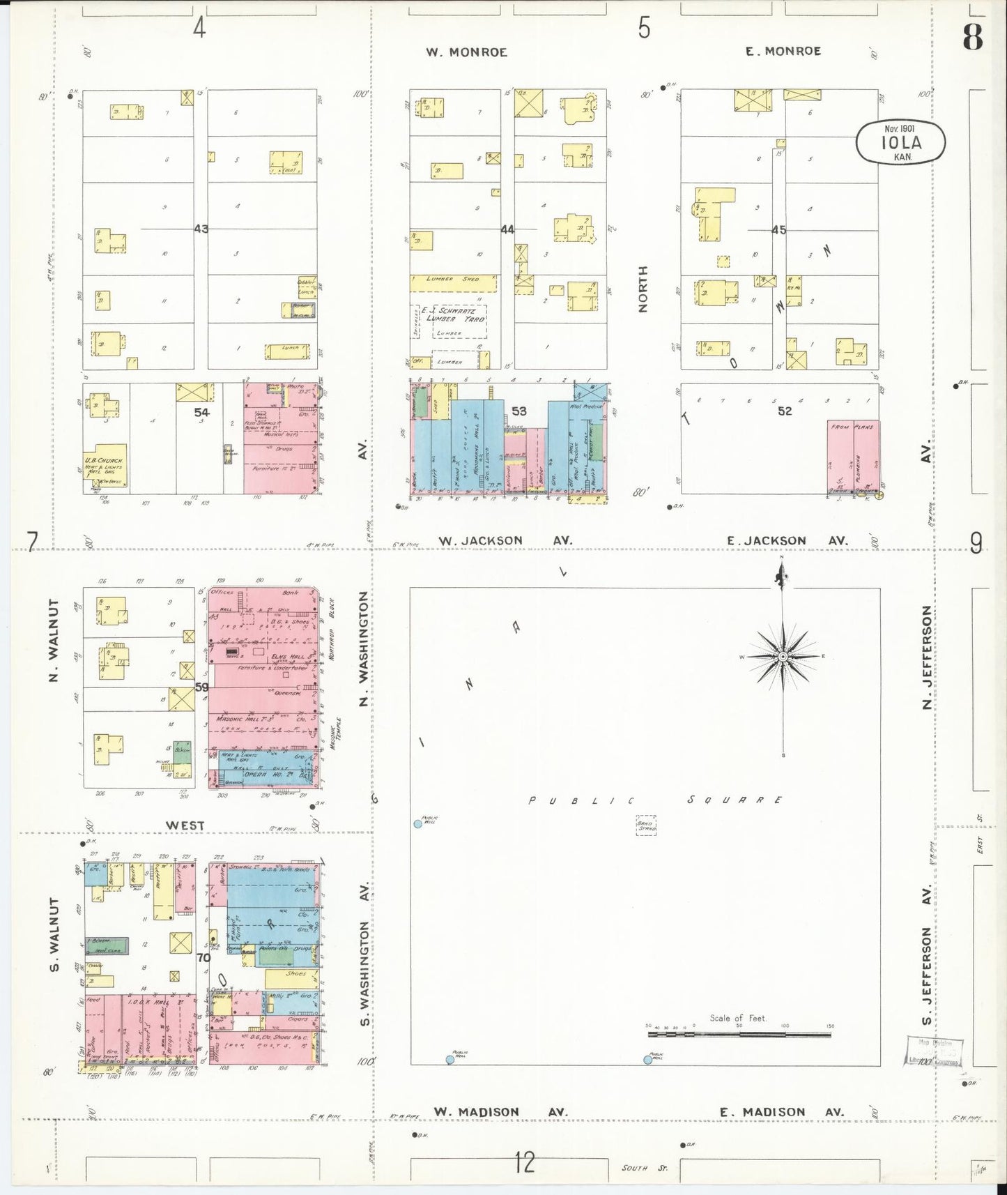 Sanborn Fire Insurance Map from Iola, Allen County, Kansas (1901), Sheet #0008 - Complete Map Set gallery image, historic Sanborn map, vintage wall art, Kansas Kansas