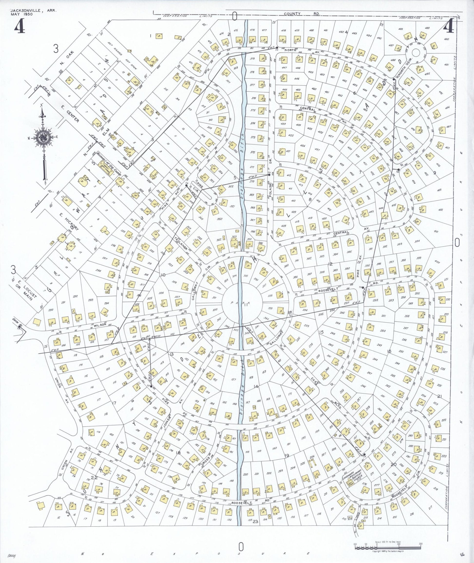 Sanborn Fire Insurance Map from Jacksonville, Pulaski County, Arkansas (1950), Sheet #0004 - Complete Map Set gallery image, historic Sanborn map, vintage wall art, Arkansas Arkansas