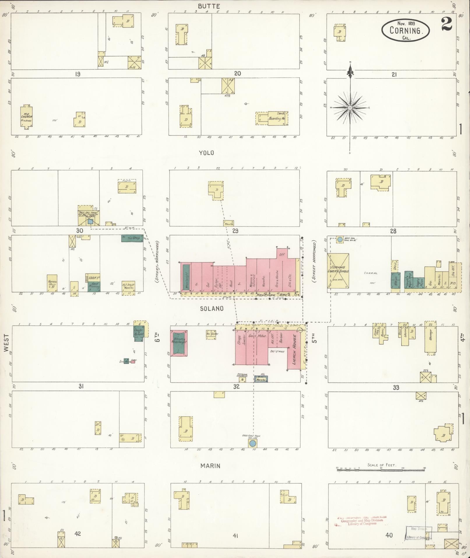 Sanborn Fire Insurance Map from Corning, Tehama County, California (1899), Sheet #0002 - Historic Sanborn Fire Insurance Map Print, vintage old map wall art, antique decor, genealogy gift, California California map