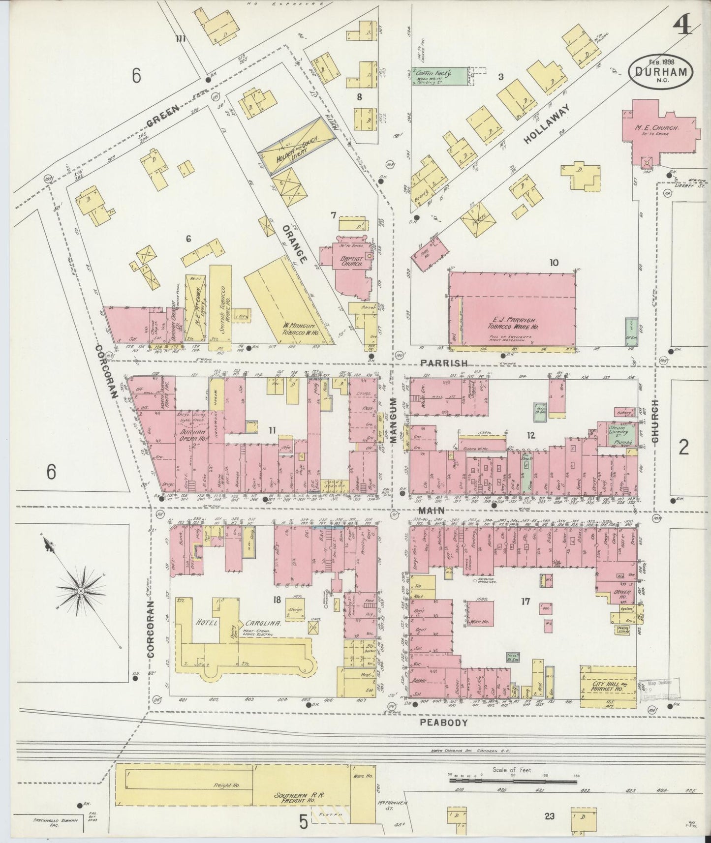 Sanborn Fire Insurance Map from Durham, Durham County, North Carolina (1898), Sheet #0004 - Complete Map Set gallery image, historic Sanborn map, vintage wall art, North Carolina North Carolina