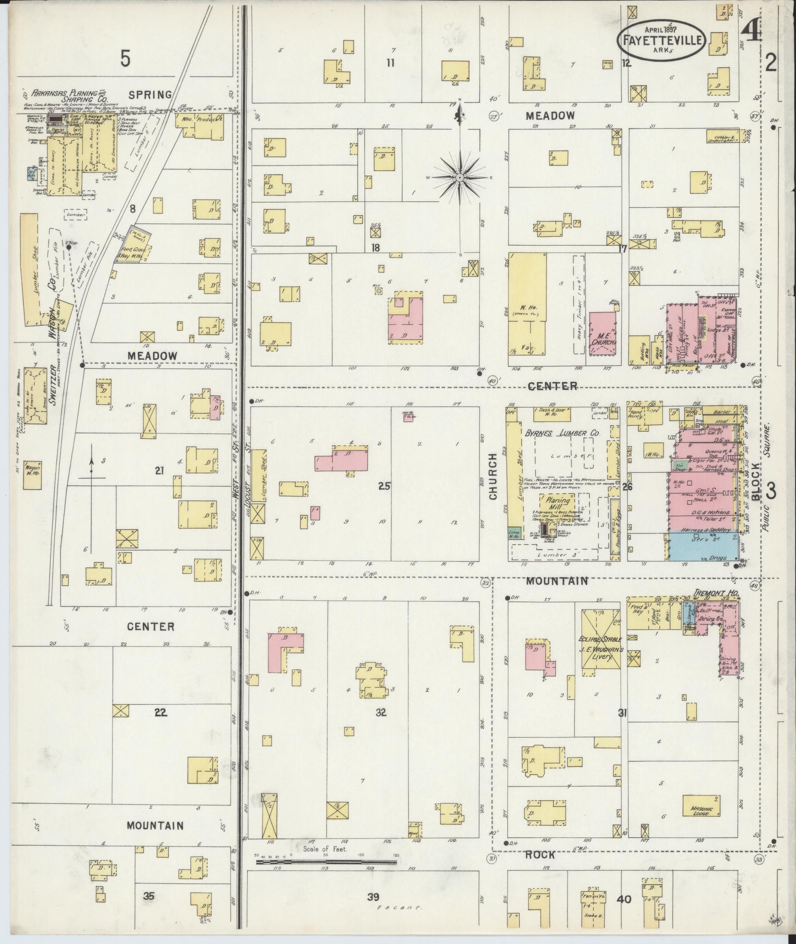 Sanborn Fire Insurance Map from Fayetteville, Washington County, Arkansas (1897), Sheet #0004 - Complete Map Set gallery image, historic Sanborn map, vintage wall art, Arkansas Arkansas