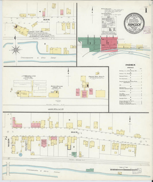 Sanborn Fire Insurance Map from Hancock, Washington County, Maryland (1908), Sheet #0001 - Historic Sanborn Fire Insurance Map Print, vintage old map wall art, antique decor, genealogy gift, Maryland Maryland map