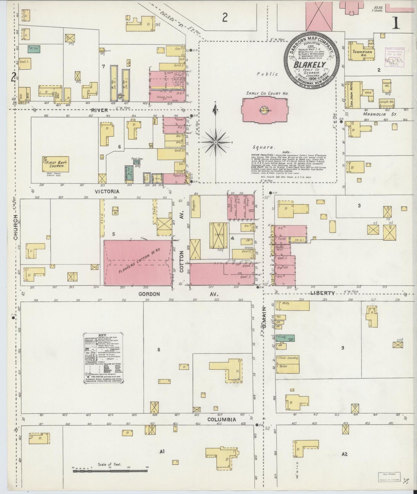 Sanborn Fire Insurance Map from Blakely, Early County, Georgia (1906), Sheet #0001 - Historic Sanborn Fire Insurance Map Print, vintage old map wall art, antique decor, genealogy gift, Georgia Georgia map
