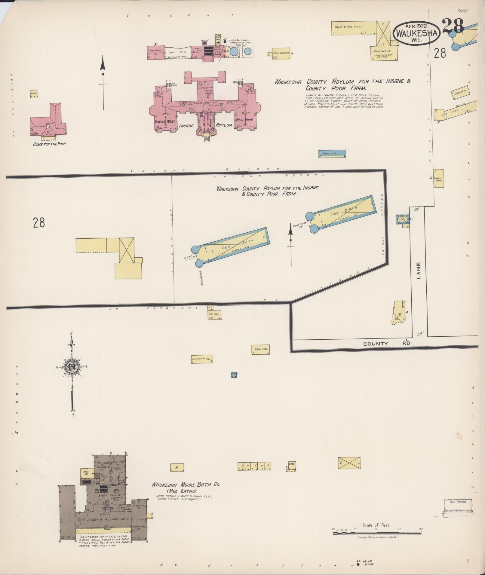Sanborn Fire Insurance Map from Waukesha, Waukesha County, Wisconsin (1922), Sheet #0028 - Historic Sanborn Fire Insurance Map Print, vintage old map wall art, antique decor, genealogy gift, Wisconsin Wisconsin map