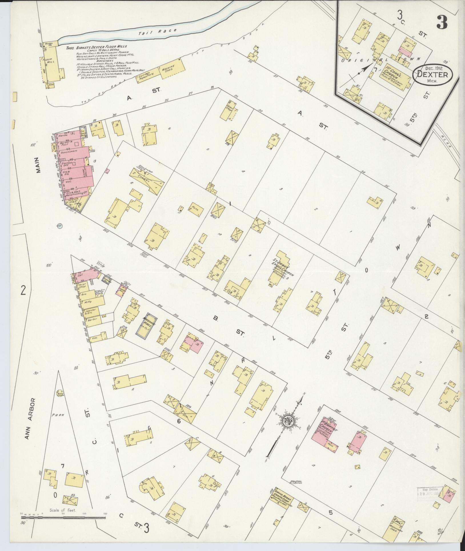 Sanborn Fire Insurance Map from Dexter, Washtenaw County, Michigan (1912), Sheet #0003 - Complete Map Set gallery image, historic Sanborn map, vintage wall art, Michigan Michigan