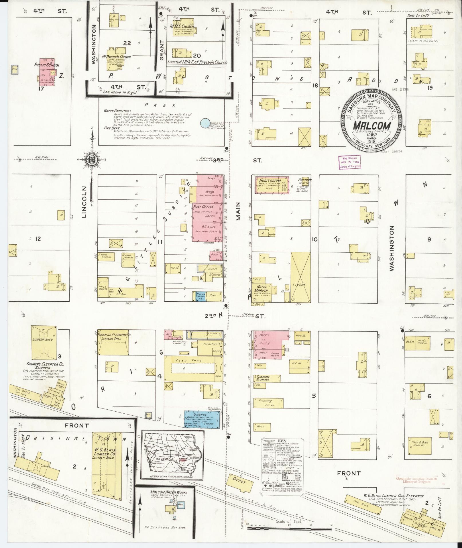 Sanborn Fire Insurance Map from Malcom, Poweshiek County, Iowa. (1916) – Map View
