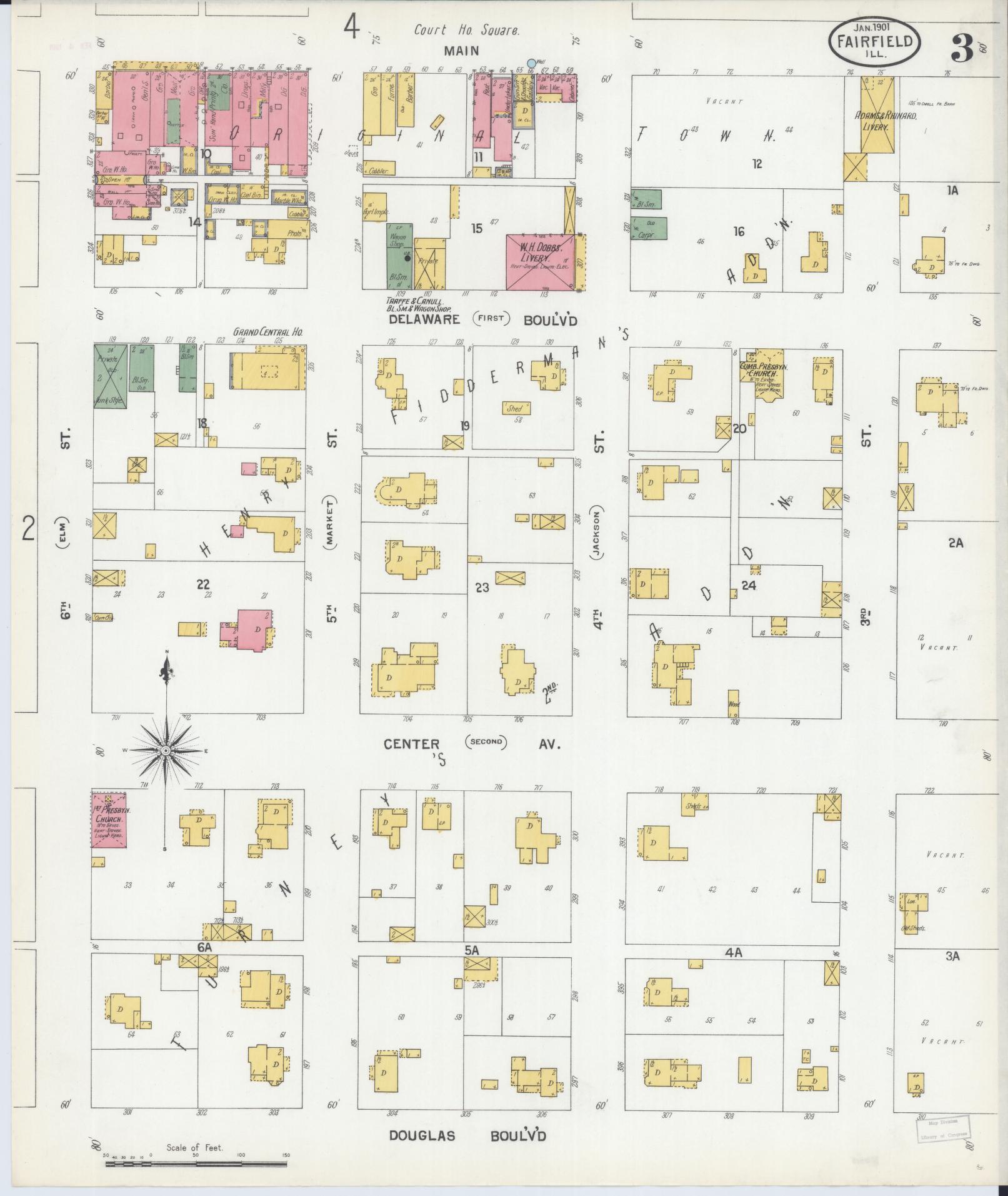 Sanborn Fire Insurance Map from Fairfield, Wayne County, Illinois (1901), Sheet #0003 - Complete Map Set gallery image, historic Sanborn map, vintage wall art, Illinois Illinois