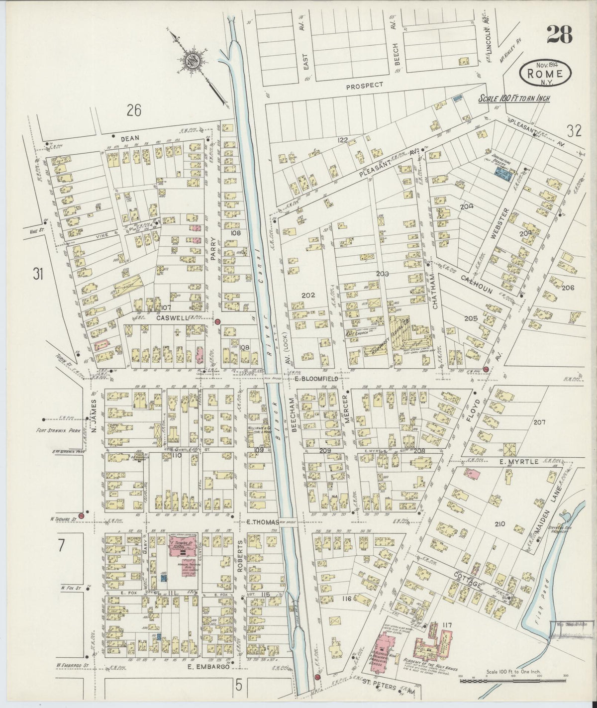 Sanborn Fire Insurance Map from Rome, Oneida County, New York (1914), Sheet #0028 - Historic Sanborn Fire Insurance Map Print, vintage old map wall art, antique decor, genealogy gift, New York New York map