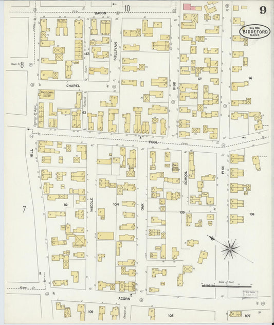 Sanborn Fire Insurance Map from Biddeford, York County, Maine (1906), Sheet #0009 - Historic Sanborn Fire Insurance Map Print, vintage old map wall art, antique decor, genealogy gift, Maine Maine map
