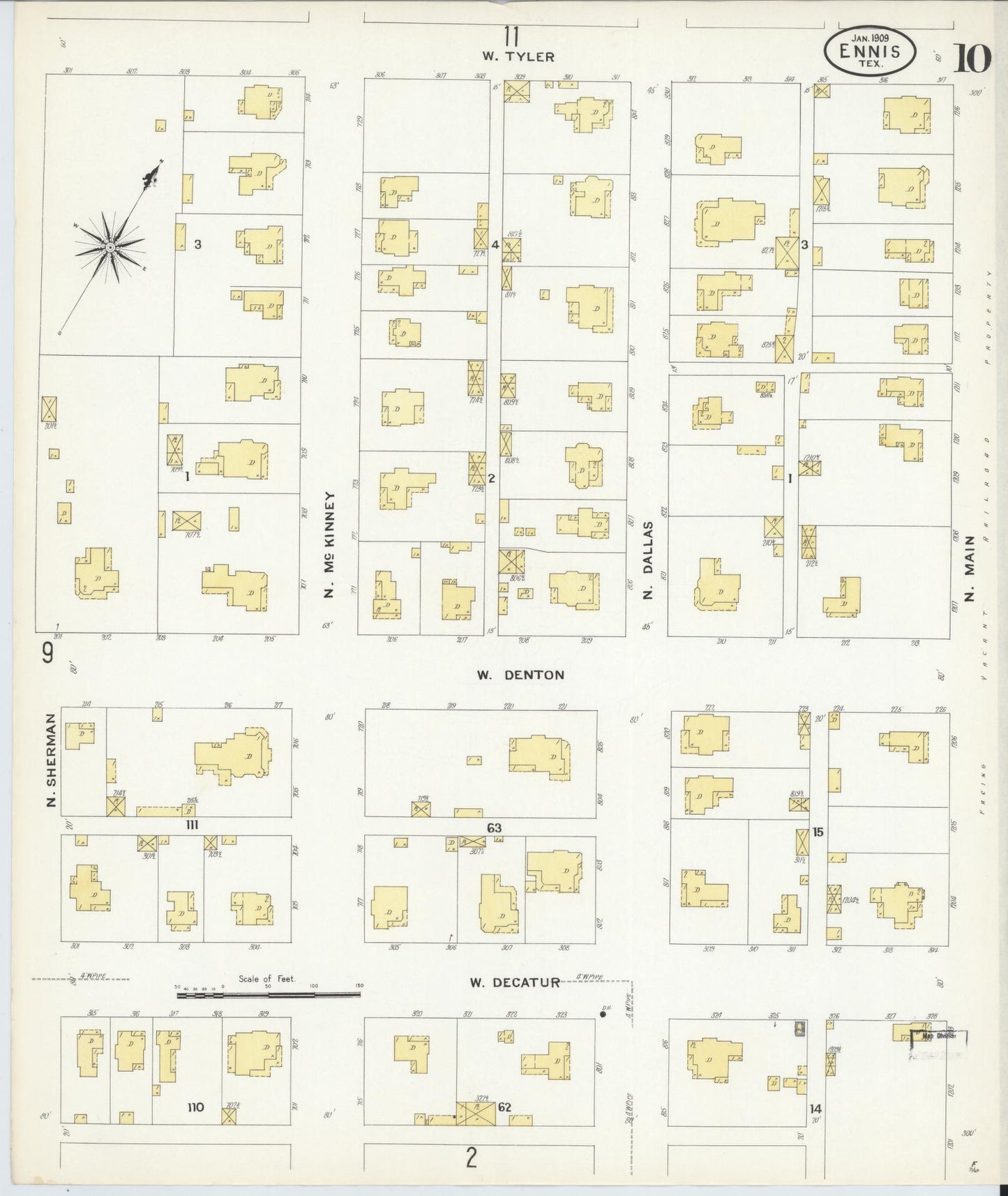 Sanborn Fire Insurance Map from Ennis, Ellis County, Texas (1909), Sheet #0010 - Complete Map Set gallery image, historic Sanborn map, vintage wall art, Texas Texas
