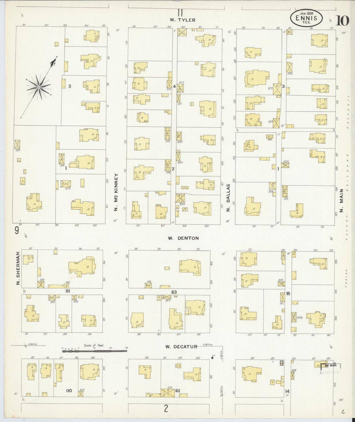 Sanborn Fire Insurance Map from Ennis, Ellis County, Texas (1909), Sheet #0010 - Complete Map Set gallery image, historic Sanborn map, vintage wall art, Texas Texas