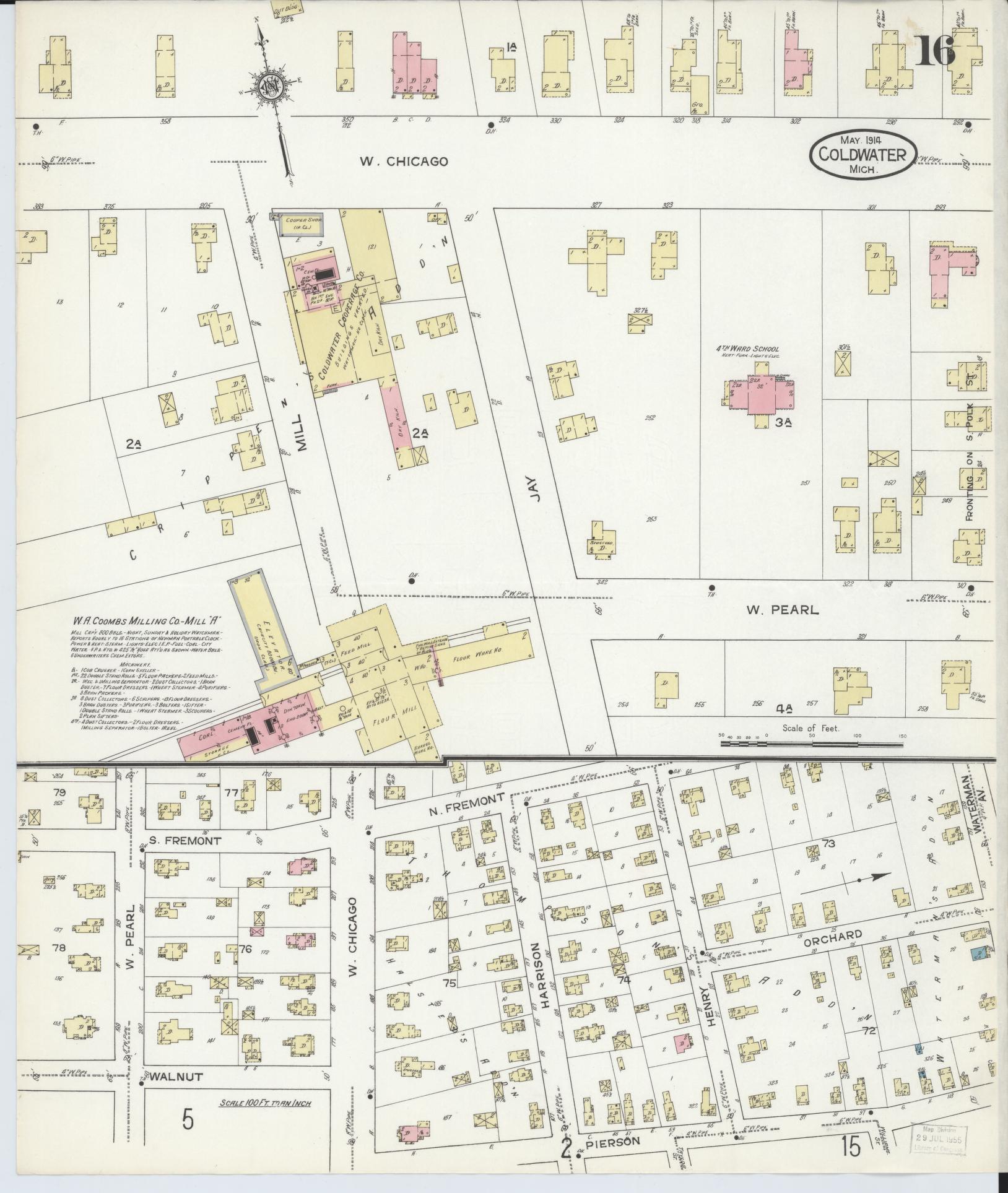 Sanborn Fire Insurance Map from Coldwater, Branch County, Michigan (1914), Sheet #0016 - Historic Sanborn Fire Insurance Map Print, vintage old map wall art, antique decor, genealogy gift, Michigan Michigan map