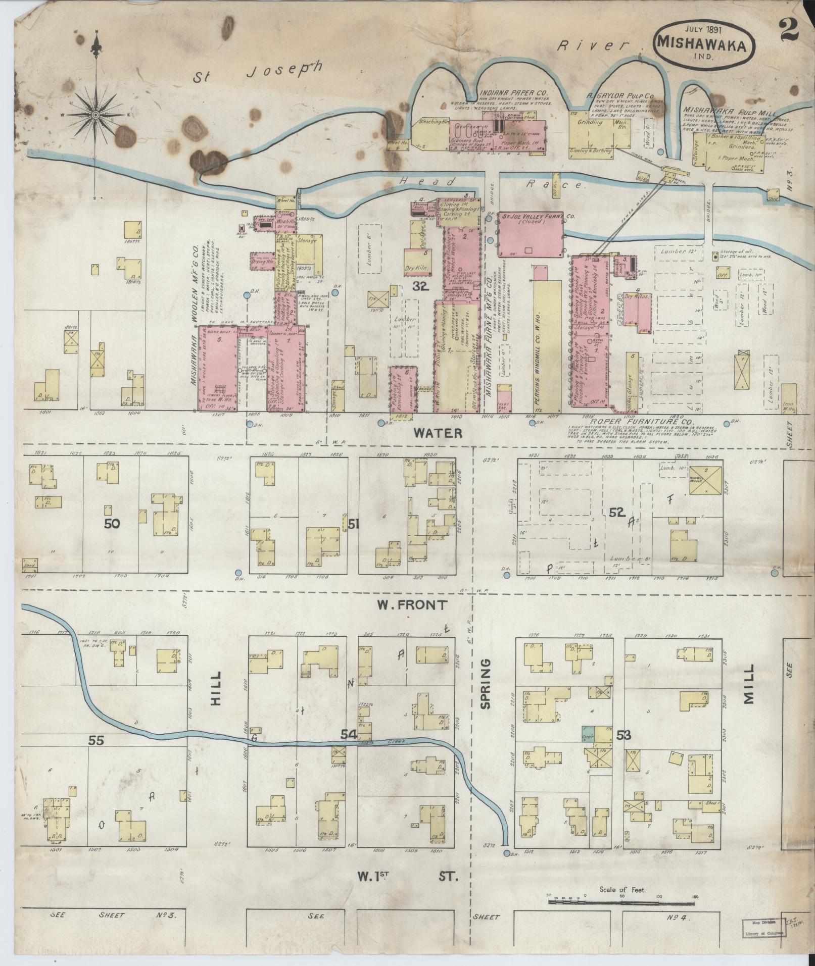 Sanborn Fire Insurance Map from Mishawaka, Saint Joseph County, Indiana (1891), Sheet #0002 - Complete Map Set gallery image, historic Sanborn map, vintage wall art, Indiana Indiana