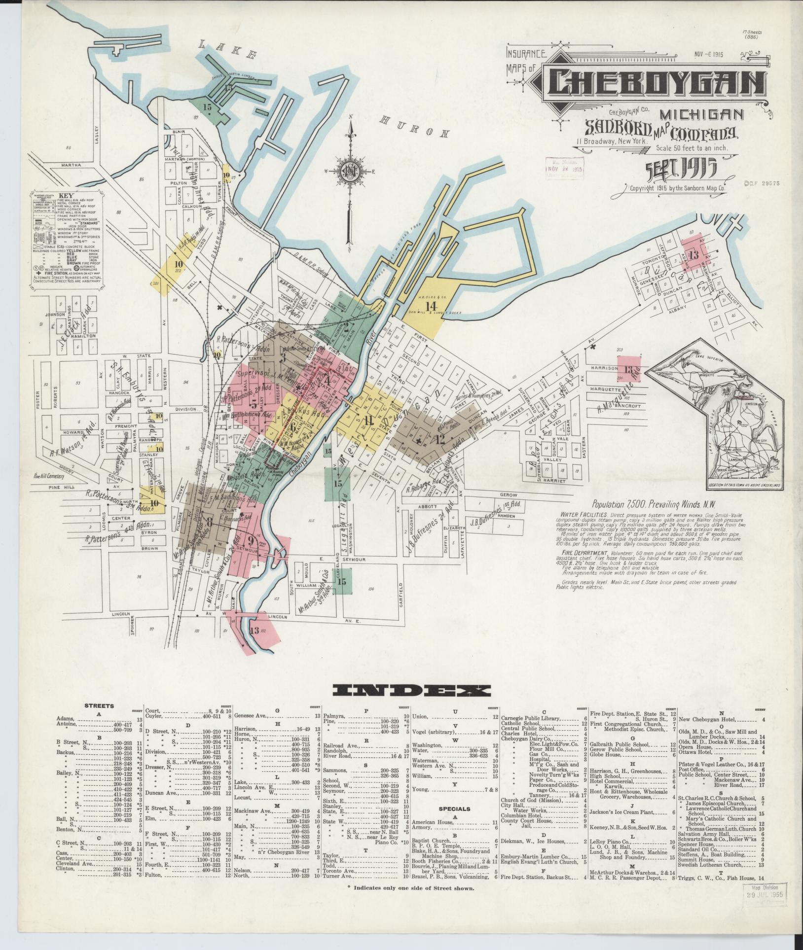 Sanborn Fire Insurance Map from Cheboygan, Cheboygan County, Michigan (1915), Sheet #0001 - Complete Map Set gallery image, historic Sanborn map, vintage wall art, Michigan Michigan