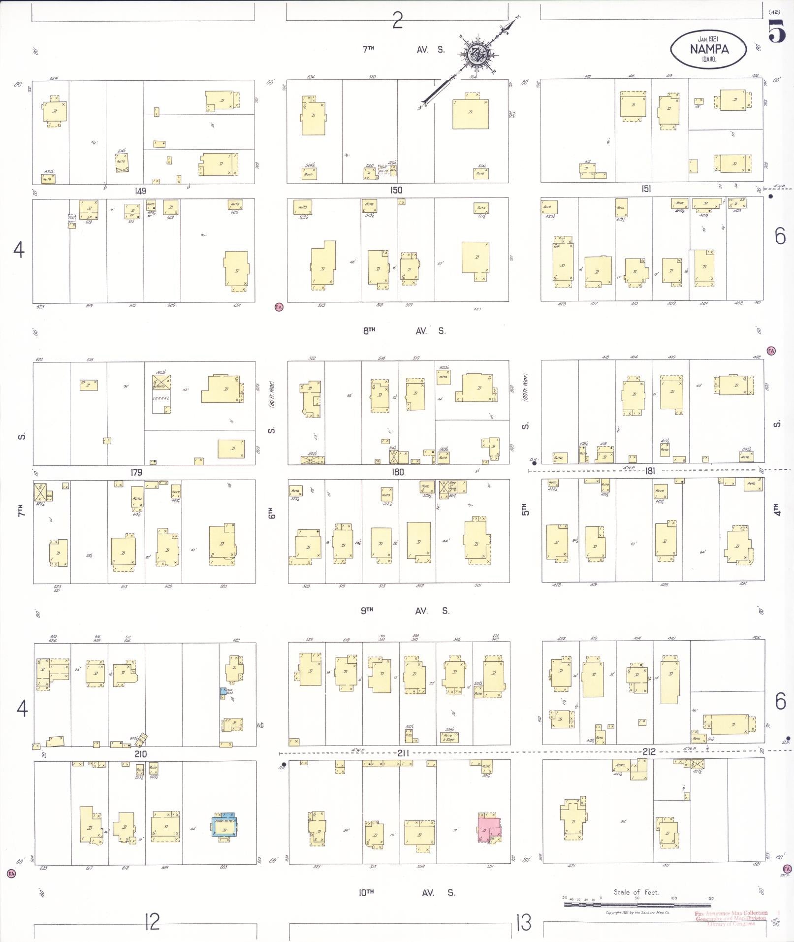 Sanborn Fire Insurance Map from Nampa, Canyon County, Idaho (1921), Sheet #0005 - Historic Sanborn Fire Insurance Map Print, vintage old map wall art, antique decor, genealogy gift, Idaho Idaho map