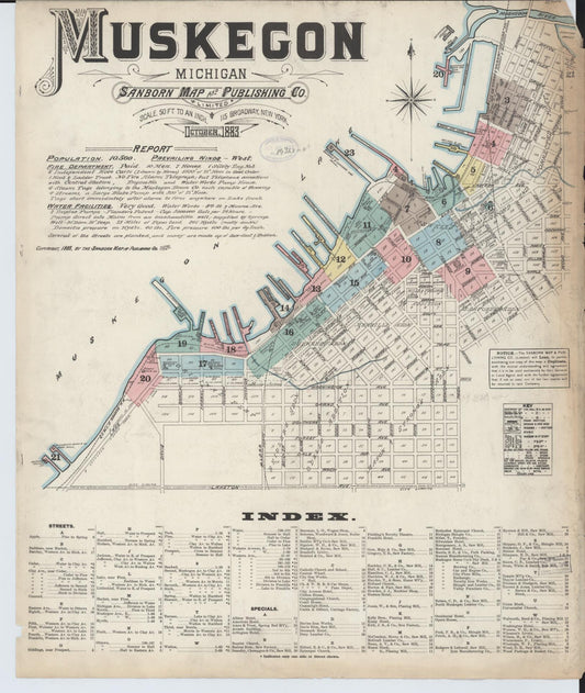 Sanborn Fire Insurance Map from Muskegon, Muskegon County, Michigan (1883), Sheet #0001 - Historic Sanborn Fire Insurance Map Print, vintage old map wall art, antique decor, genealogy gift, Michigan Michigan map
