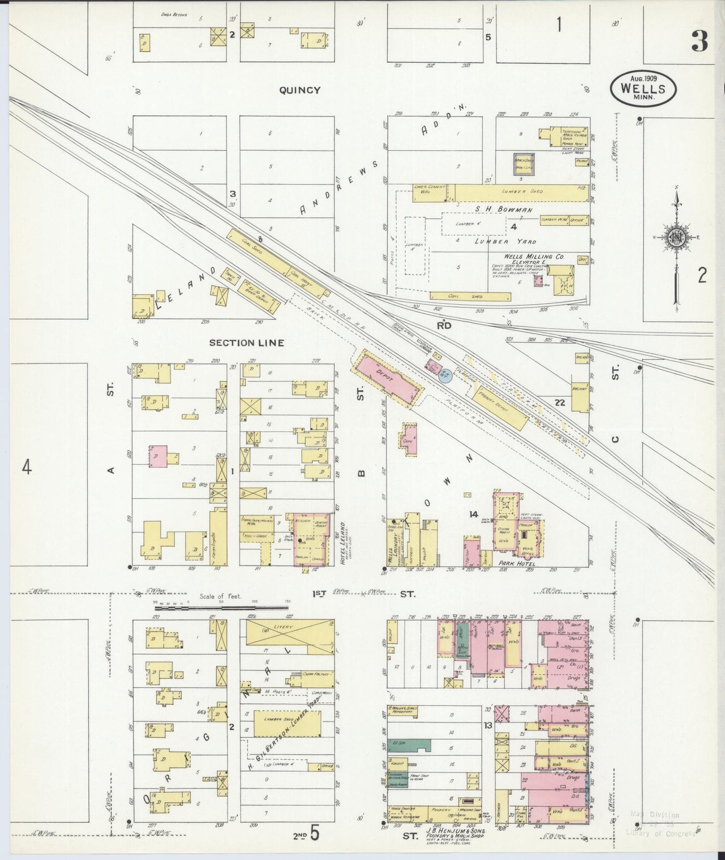 Sanborn Fire Insurance Map from Wells, Faribault County, Minnesota (1909), Sheet #0003 - Complete Map Set gallery image, historic Sanborn map, vintage wall art, Minnesota Minnesota