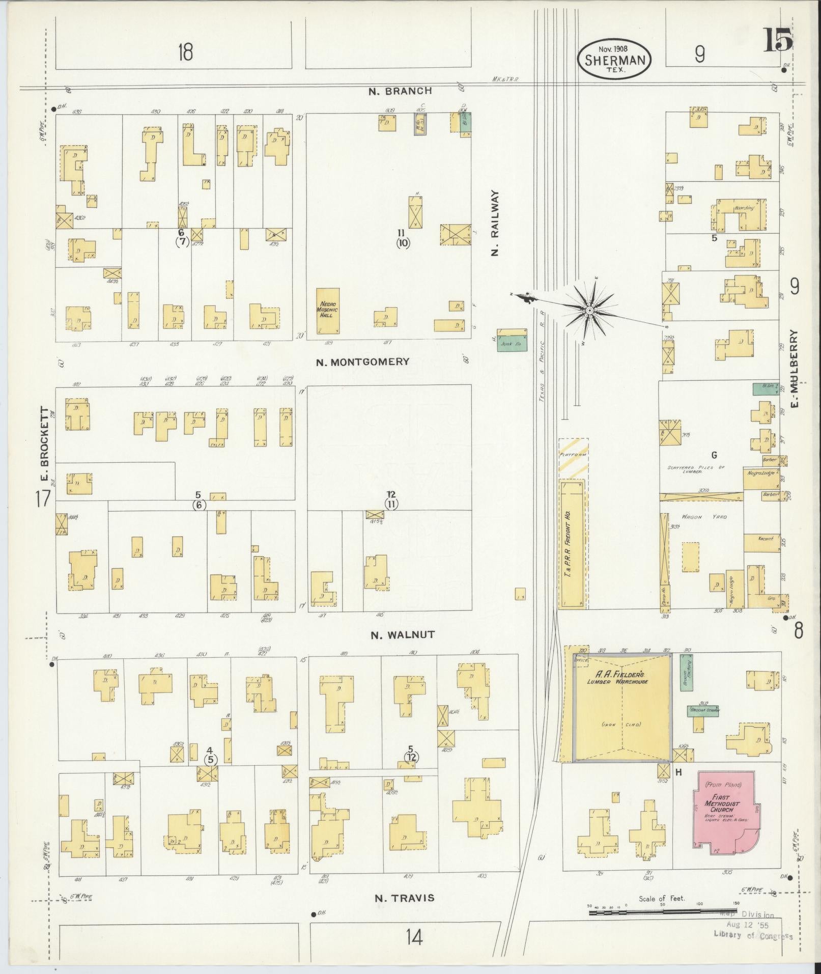 Sanborn Fire Insurance Map from Sherman, Grayson County, Texas (1908), Sheet #0015 - Historic Sanborn Fire Insurance Map Print, vintage old map wall art, antique decor, genealogy gift, Texas Texas map