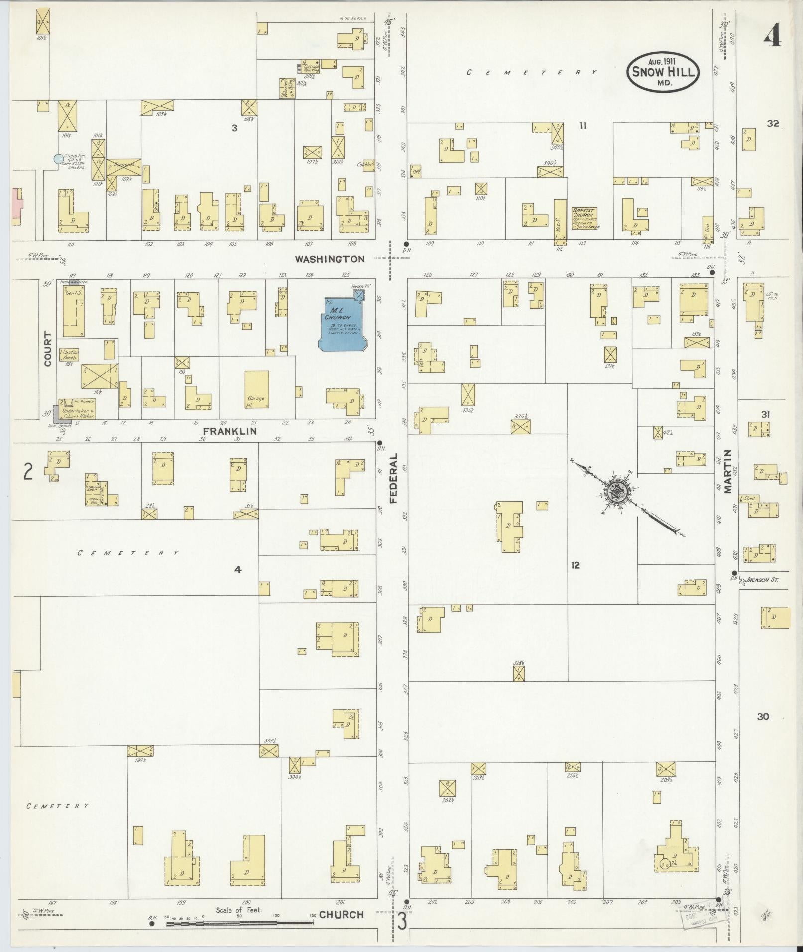 Sanborn Fire Insurance Map from Snow Hill, Worcester County, Maryland (1911), Sheet #0004 - Historic Sanborn Fire Insurance Map Print, vintage old map wall art