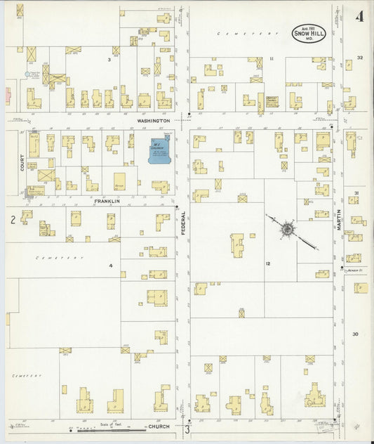 Sanborn Fire Insurance Map from Snow Hill, Worcester County, Maryland (1911), Sheet #0004 - Historic Sanborn Fire Insurance Map Print, vintage old map wall art