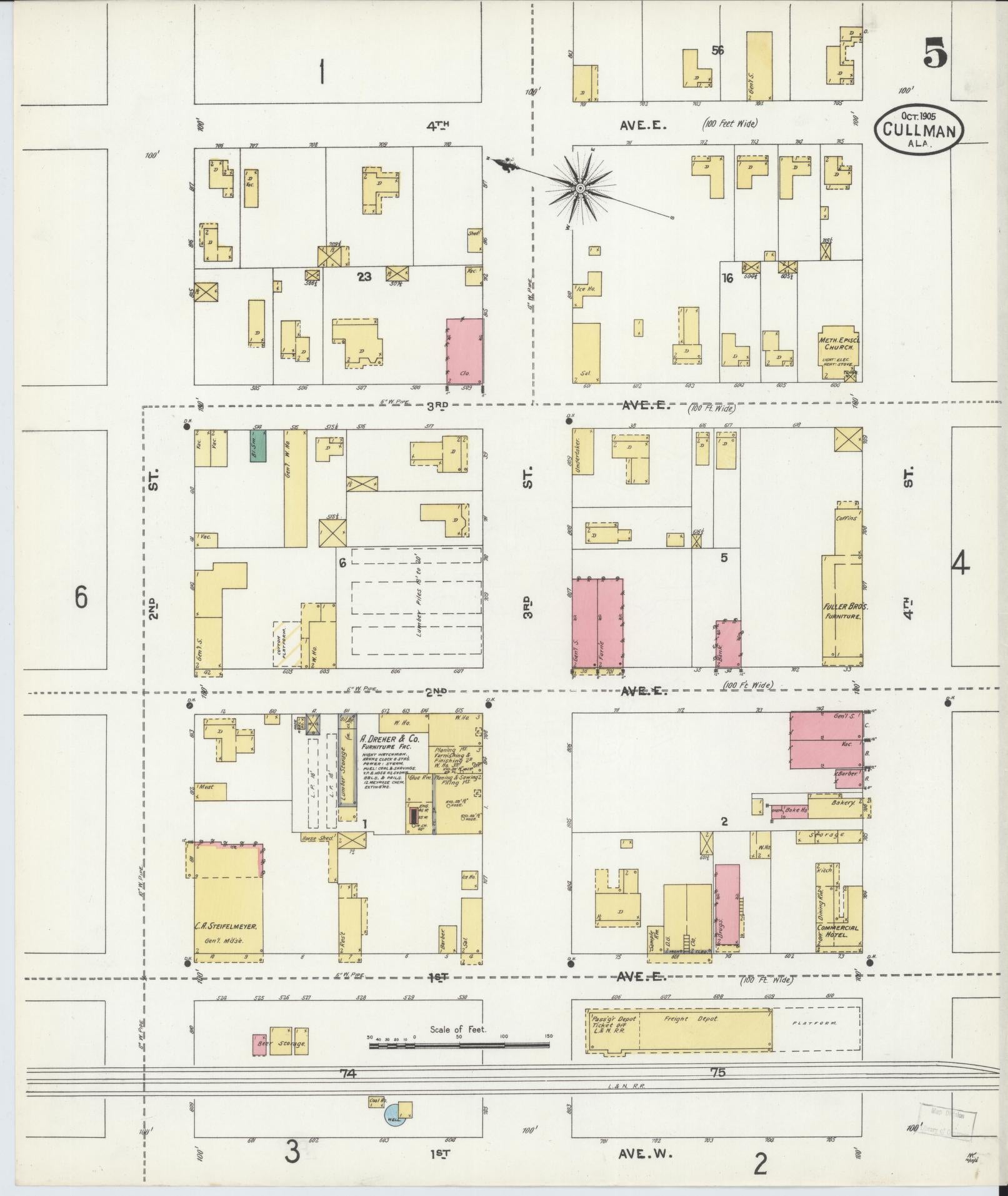 Sanborn Fire Insurance Map from Cullman, Cullman County, Alabama (1905), Sheet #0005 - Complete Map Set gallery image, historic Sanborn map, vintage wall art, Alabama Alabama