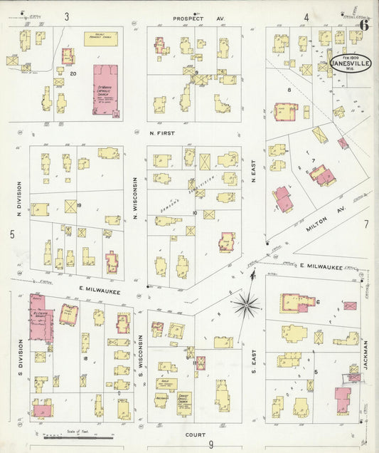 Sanborn Fire Insurance Map from Janesville, Rock County, Wisconsin (1909), Sheet #0006 - Historic Sanborn Fire Insurance Map Print, vintage old map wall art, antique decor, genealogy gift, Wisconsin Wisconsin map