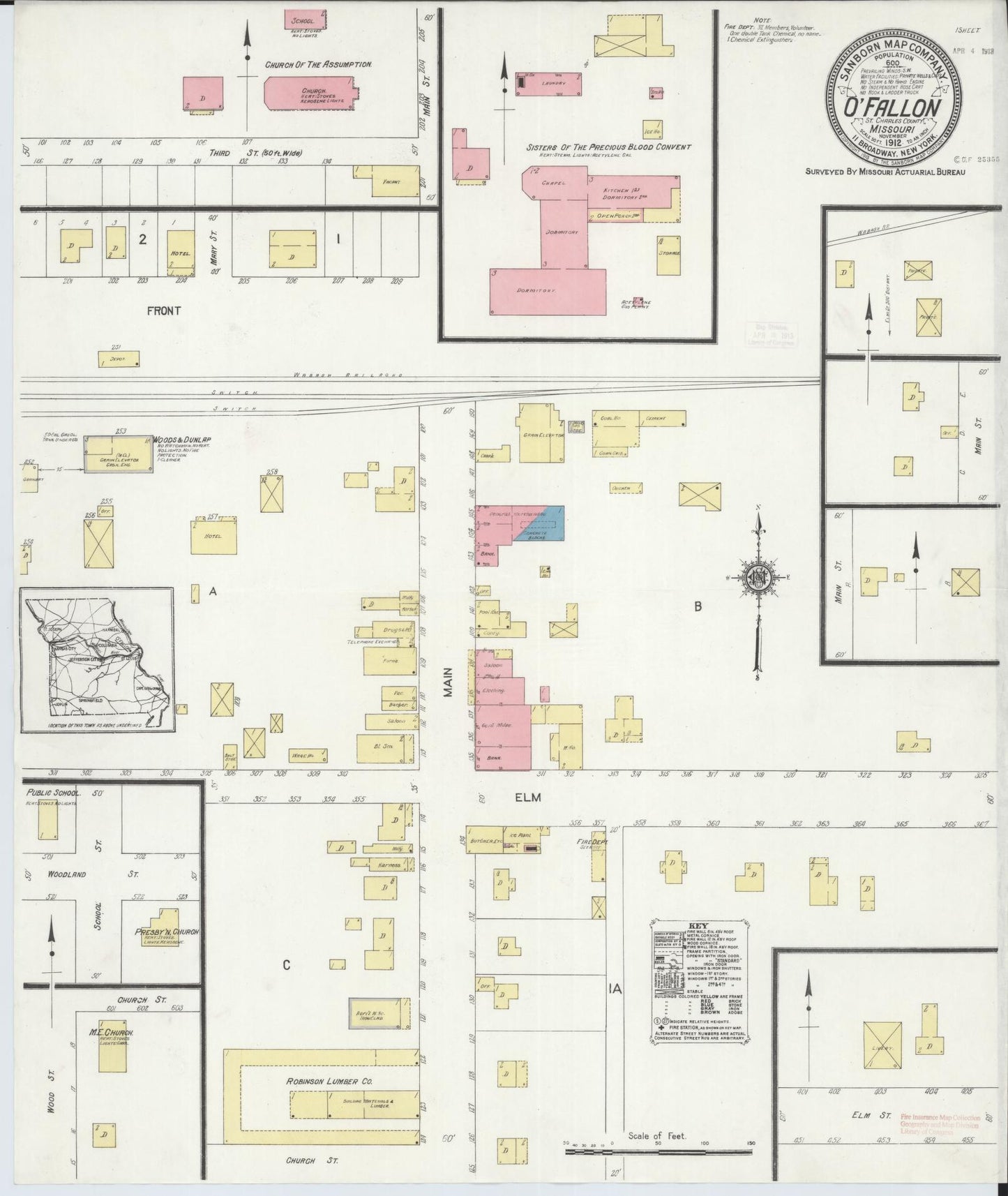 Sanborn Fire Insurance Map from O'Fallon, Saint Charles County, Missouri (1912), Sheet #0001 - Historic Sanborn Fire Insurance Map Print, vintage old map wall art, antique decor, genealogy gift, Missouri Missouri map