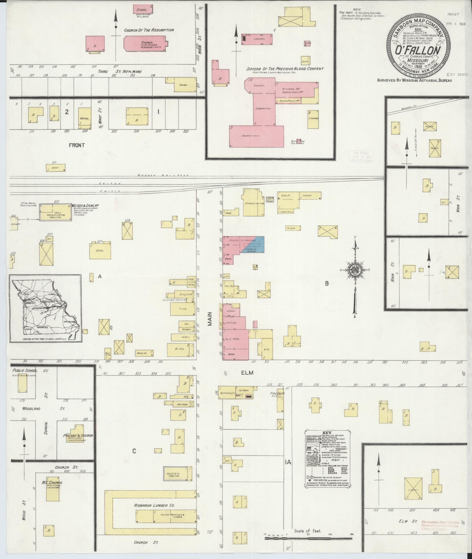 Sanborn Fire Insurance Map from O'Fallon, Saint Charles County, Missouri (1912), Sheet #0001 - Historic Sanborn Fire Insurance Map Print, vintage old map wall art, antique decor, genealogy gift, Missouri Missouri map