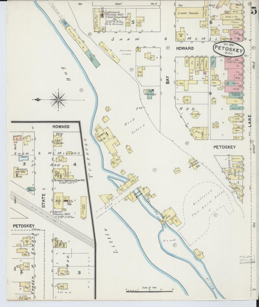 Sanborn Fire Insurance Map from Petoskey, Emmet County, Michigan (1890), Sheet #0005 - Historic Sanborn Fire Insurance Map Print, vintage old map wall art, antique decor, genealogy gift, Michigan Michigan map