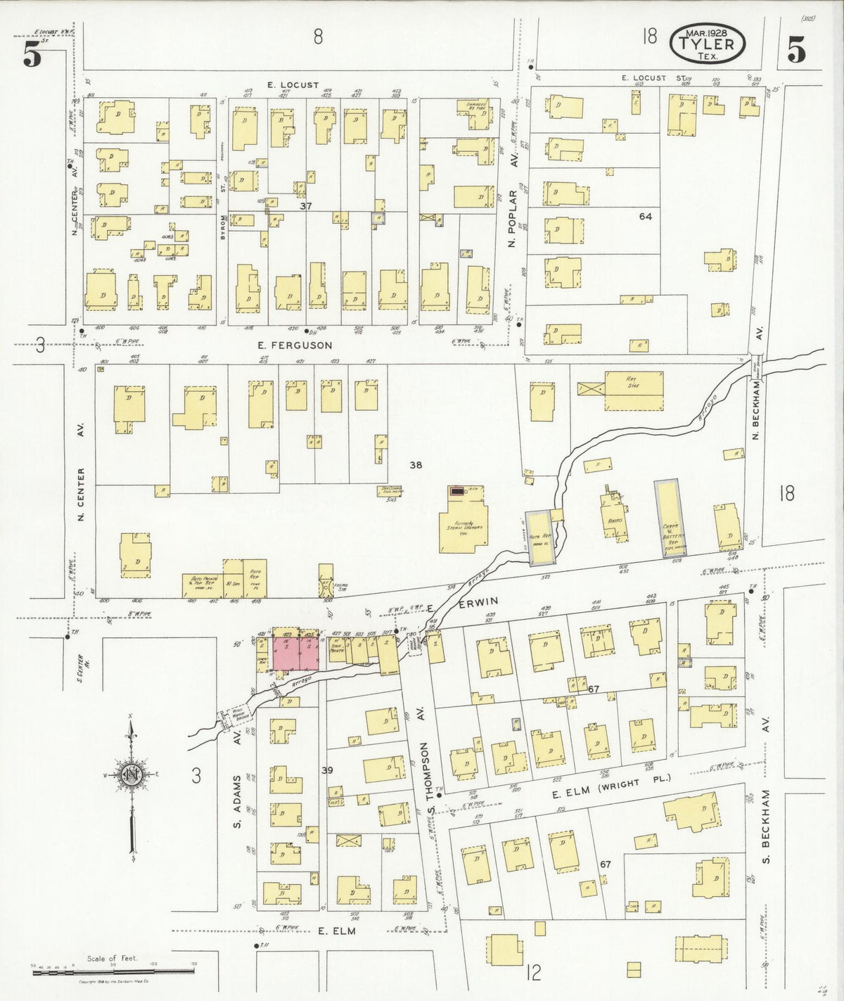 Sanborn Fire Insurance Map from Tyler, Smith County, Texas (1928), Sheet #0005 - Historic Sanborn Fire Insurance Map Print, vintage old map wall art, antique decor, genealogy gift, Texas Texas map