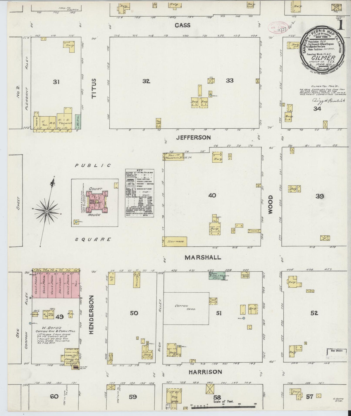 Sanborn Fire Insurance Map from Gilmer, Upshur County, Texas (1891), Sheet #0001 - Historic Sanborn Fire Insurance Map Print, vintage old map wall art, antique decor, genealogy gift, Texas Texas map