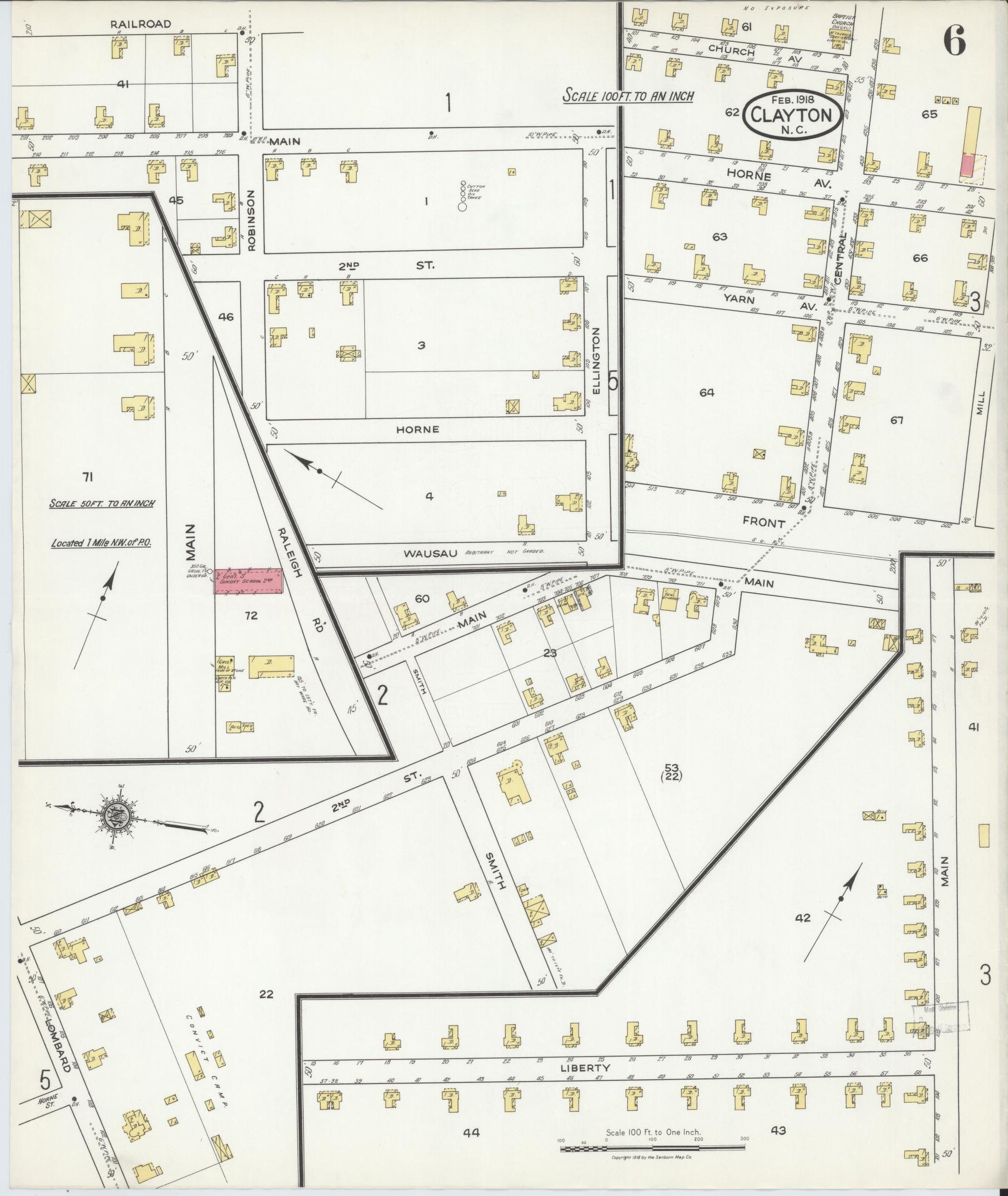 Sanborn Fire Insurance Map from Clayton, Johnston County, North Carolina (1918), Sheet #0006 - Complete Map Set gallery image, historic Sanborn map, vintage wall art, North Carolina North Carolina