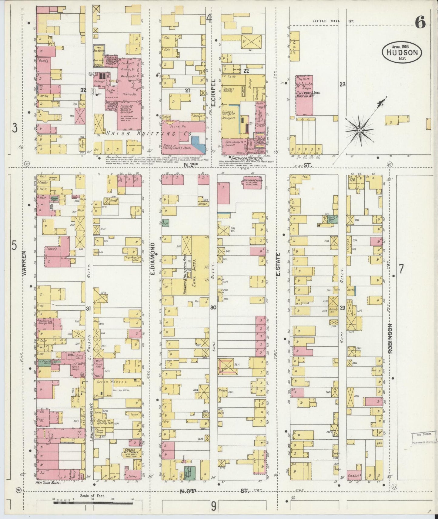 Sanborn Fire Insurance Map from Hudson, Columbia County, New York (1903), Sheet #0006 - Historic Sanborn Fire Insurance Map Print, vintage old map wall art, antique decor, genealogy gift, New York New York map