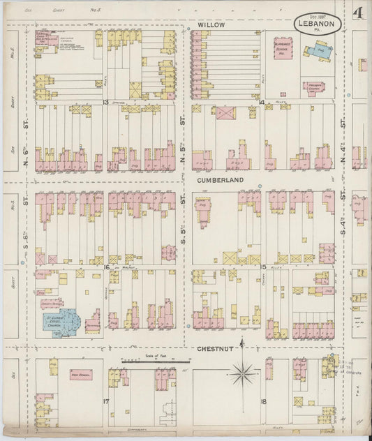 Sanborn Fire Insurance Map from Lebanon, Lebanon County, Pennsylvania (1887), Sheet #0004 - Historic Sanborn Fire Insurance Map Print, vintage old map wall art, antique decor, genealogy gift, Pennsylvania Pennsylvania map