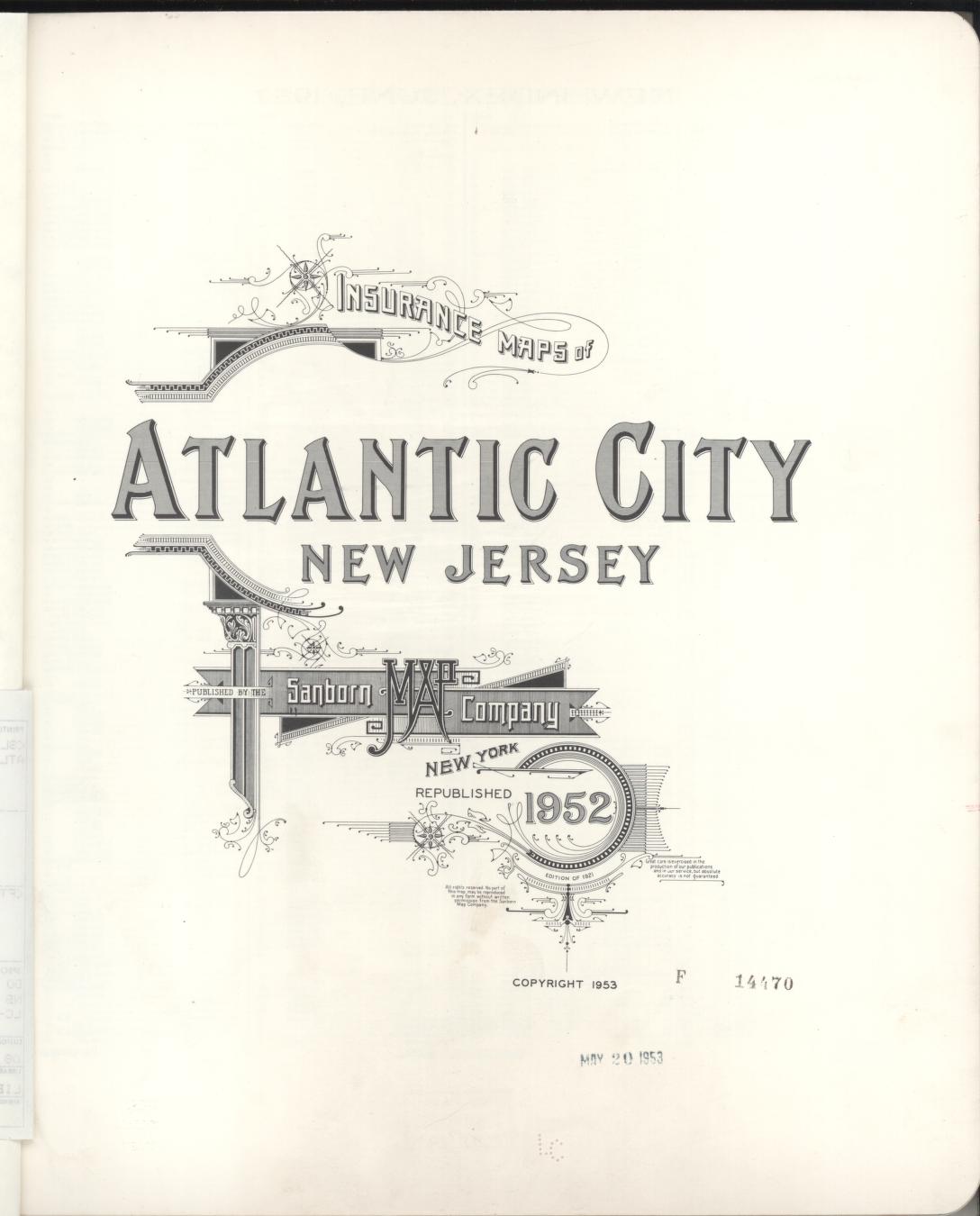 Sanborn Fire Insurance Map from Atlantic City, Atlantic County, New Jersey (1952), Sheet #0001 - Historic Sanborn Fire Insurance Map Print, vintage old map wall art, antique decor, genealogy gift, New Jersey New Jersey map