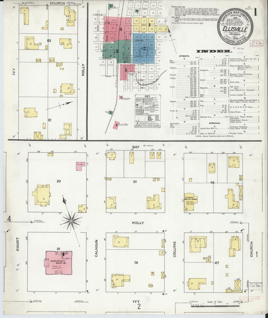 Sanborn Fire Insurance Map from Ellisville, Jones County, Mississippi (1909), Sheet #0001 - Complete Map Set gallery image, historic Sanborn map, vintage wall art, Mississippi Mississippi
