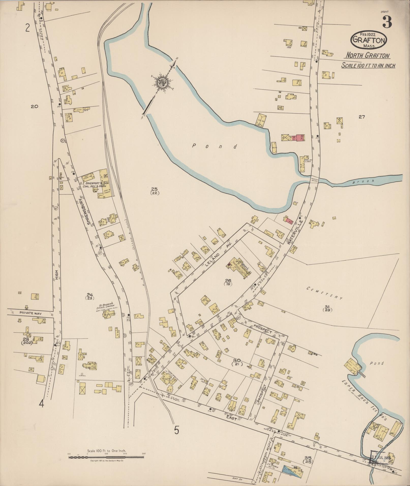 Sanborn Fire Insurance Map from Grafton, Worcester County, Massachusetts (1922), Sheet #0003 - Historic Sanborn Fire Insurance Map Print, vintage old map wall art, antique decor, genealogy gift, Massachusetts Massachusetts map