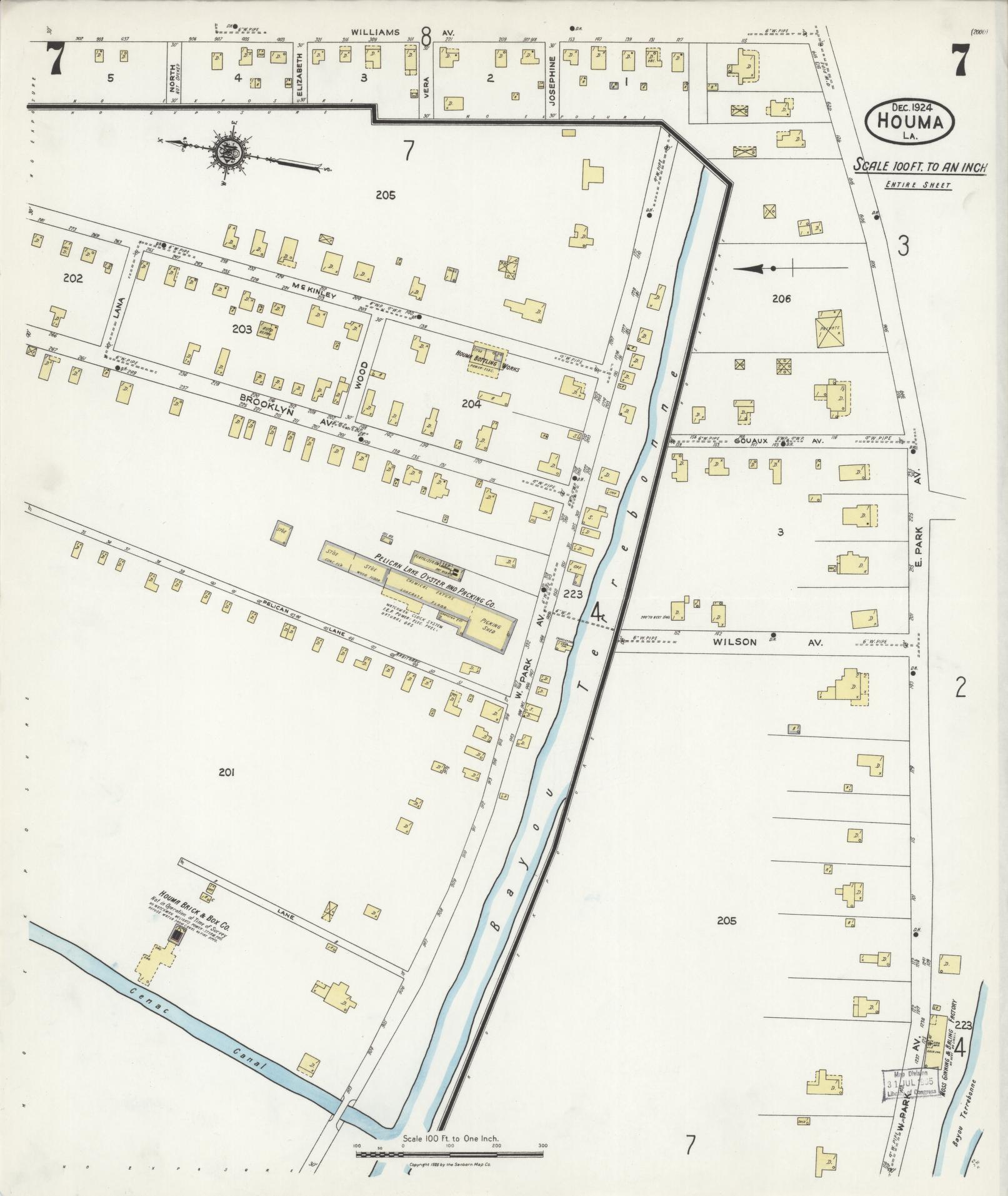 Sanborn Fire Insurance Map from Houma, Terrebonne Parish, Louisiana (1924), Sheet #0007 - Complete Map Set gallery image, historic Sanborn map, vintage wall art, Louisiana Louisiana