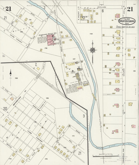 Sanborn Fire Insurance Map from Murfreesboro, Rutherford County, Tennessee (1924), Sheet #0021 - Historic Sanborn Fire Insurance Map Print, vintage old map wall art, antique decor, genealogy gift, Tennessee Tennessee map