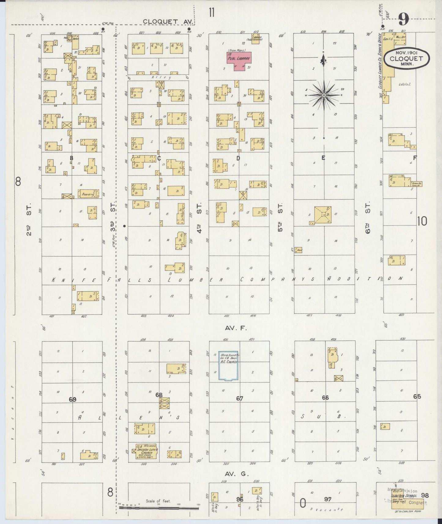 Sanborn Fire Insurance Map from Cloquet, Carlton County, Minnesota (1901), Sheet #0009 - Complete Map Set gallery image, historic Sanborn map, vintage wall art, Minnesota Minnesota