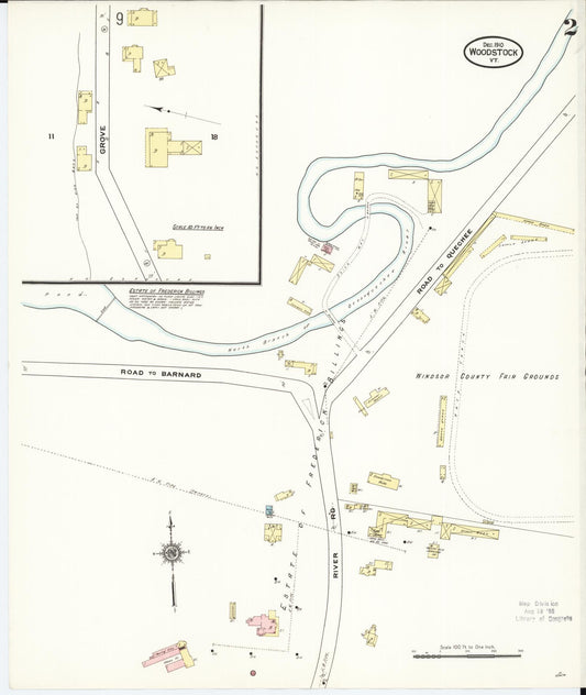 Sanborn Fire Insurance Map from Woodstock, Windsor County, Vermont (1910), Sheet #0002 - Historic Sanborn Fire Insurance Map Print, vintage old map wall art, antique decor, genealogy gift, Vermont Vermont map