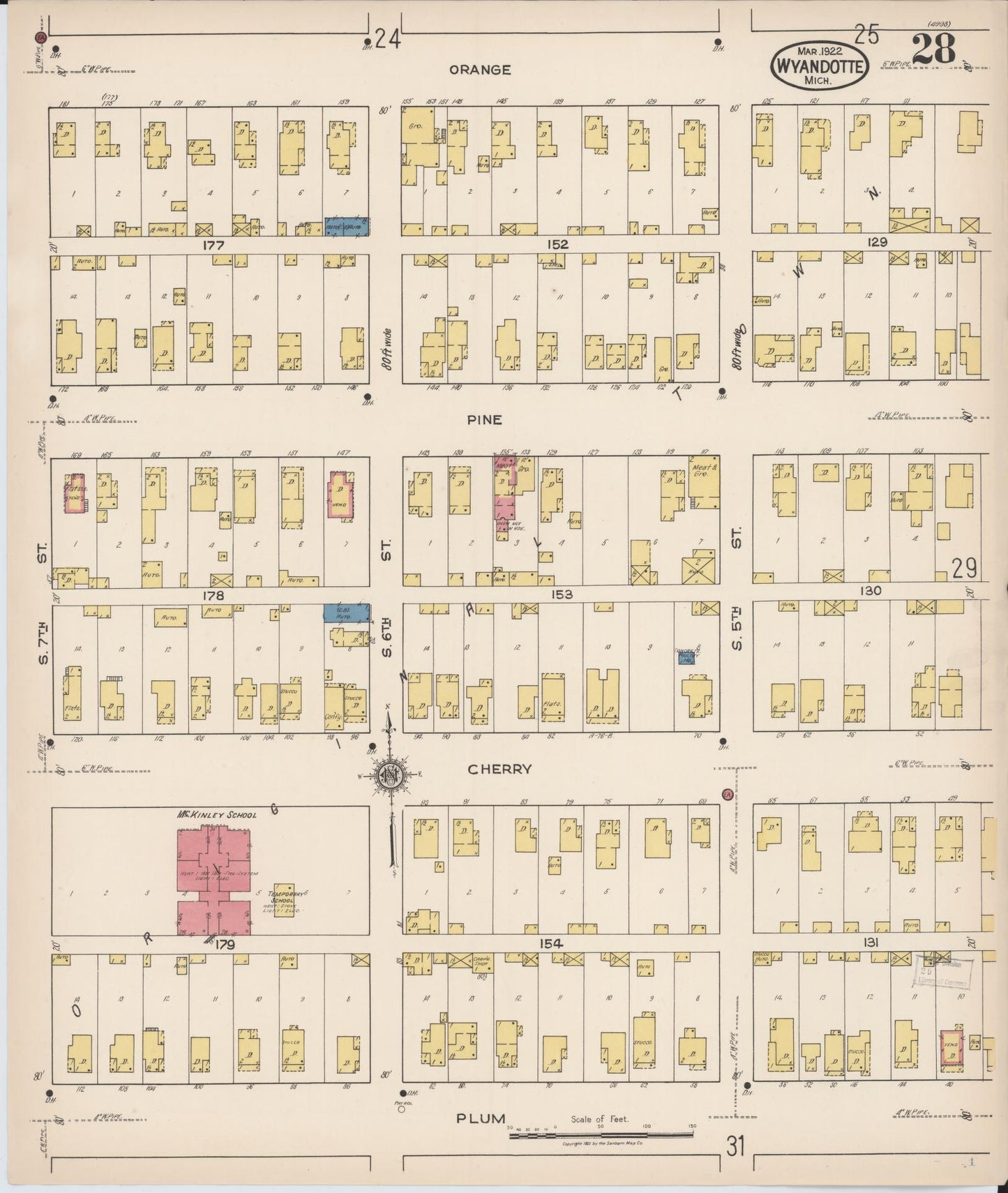 Sanborn Fire Insurance Map from Wyandotte, Wayne County, Michigan (1922), Sheet #0028 - Historic Sanborn Fire Insurance Map Print, vintage old map wall art, antique decor, genealogy gift, Michigan Michigan map