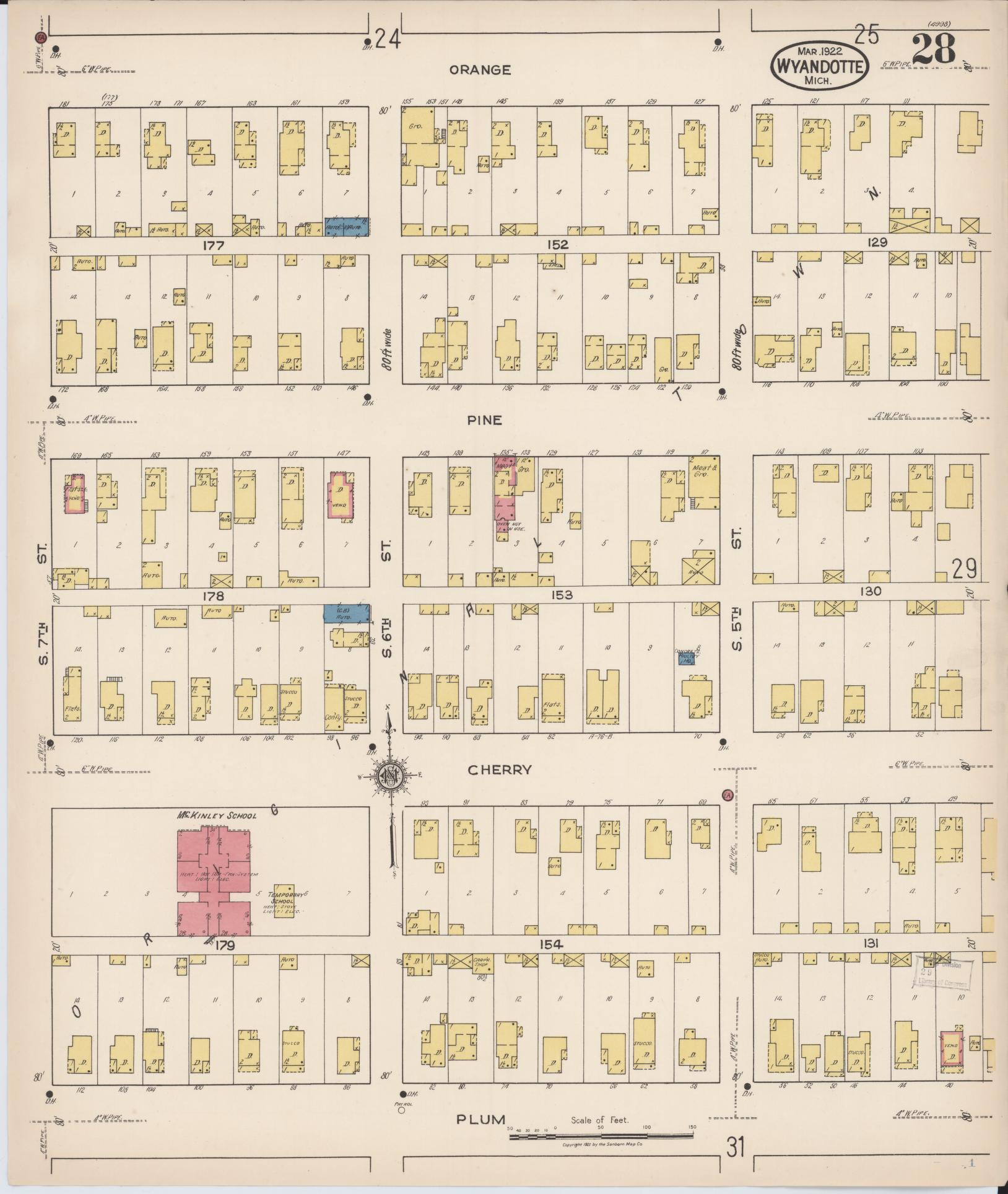 Sanborn Fire Insurance Map from Wyandotte, Wayne County, Michigan (1922), Sheet #0028 - Historic Sanborn Fire Insurance Map Print, vintage old map wall art, antique decor, genealogy gift, Michigan Michigan map