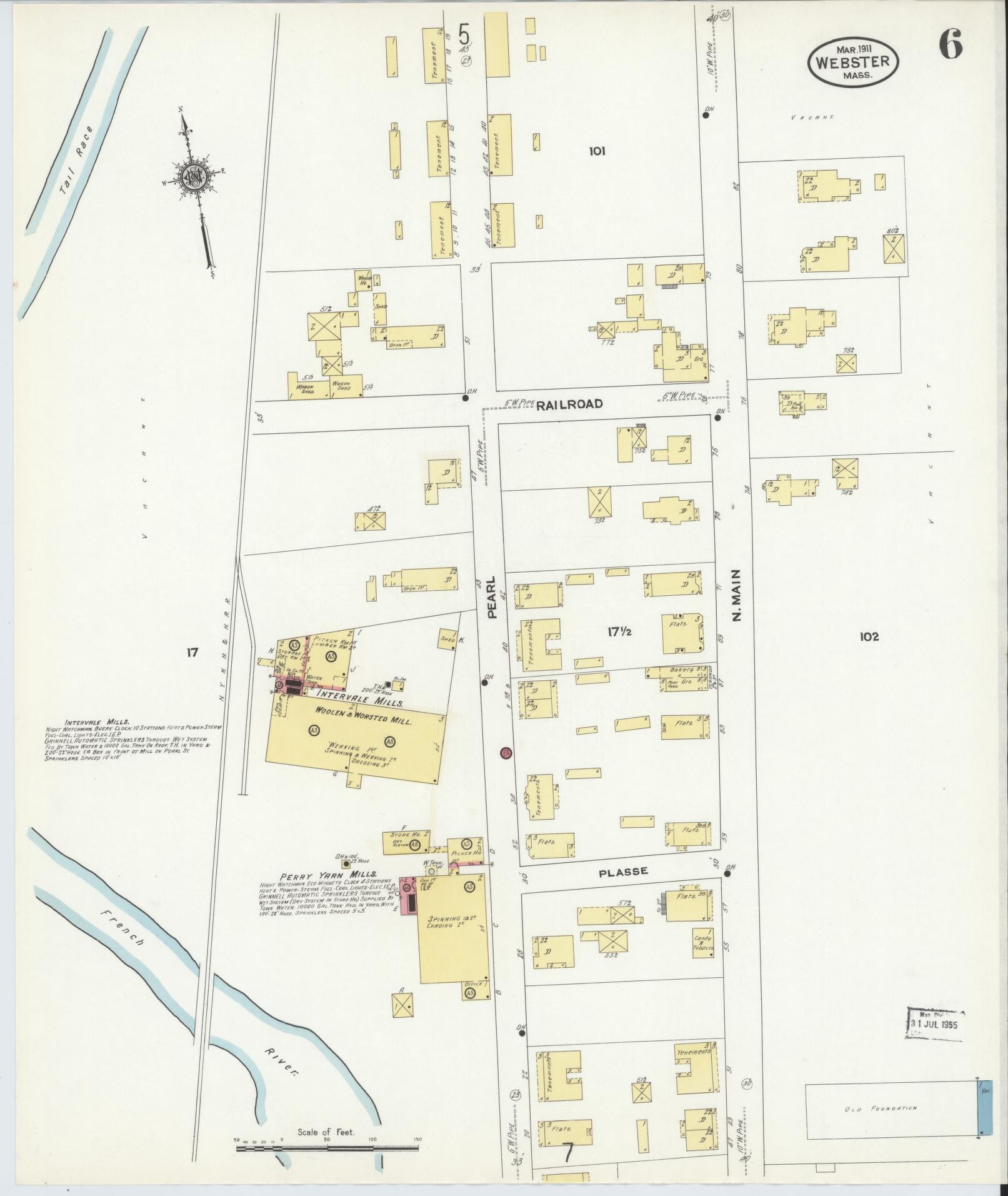 Sanborn Fire Insurance Map from Webster, Worcester County, Massachusetts (1911), Sheet #0006 - Historic Sanborn Fire Insurance Map Print, vintage old map wall art, antique decor, genealogy gift, Massachusetts Massachusetts map
