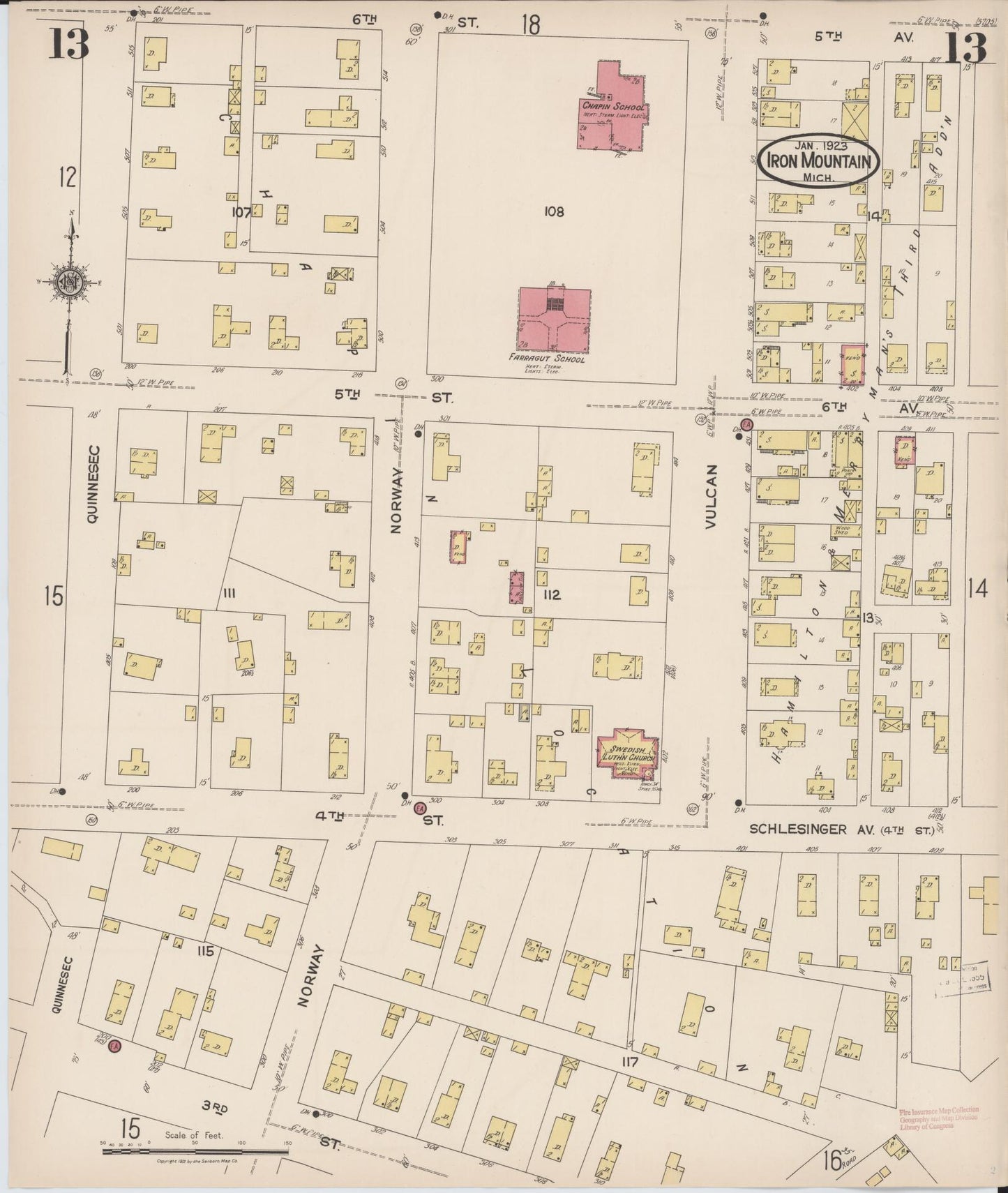 Sanborn Fire Insurance Map from Iron Mountain, Dickinson County, Michigan (1923), Sheet #0013 - Historic Sanborn Fire Insurance Map Print, vintage old map wall art, antique decor, genealogy gift, Michigan Michigan map
